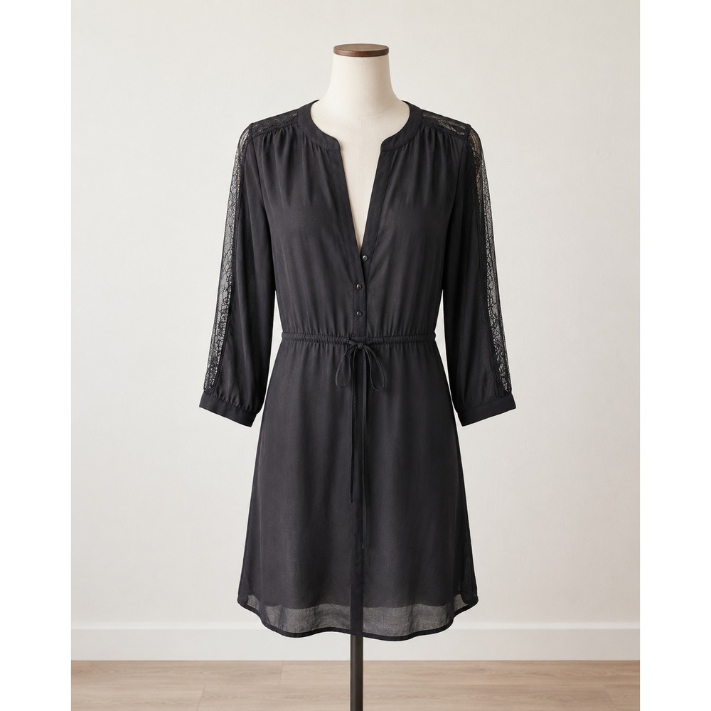 HM Black Lace Sleeve Mini Dress V-Neck Drawstring Waist Size 2 Long Sleeve